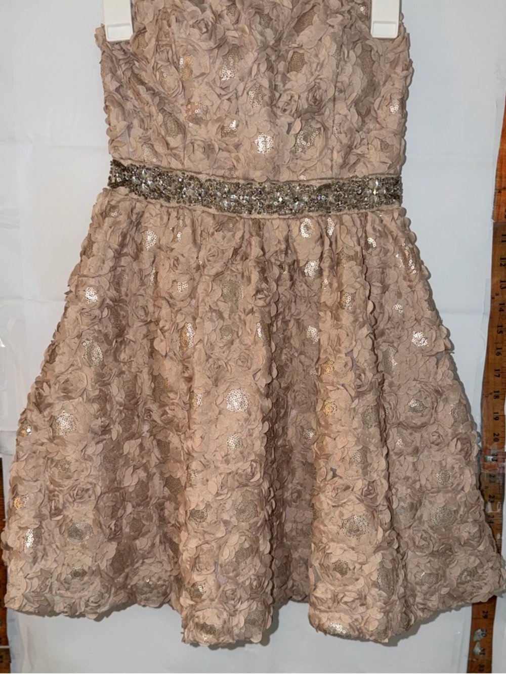 As U Wish Girls Rose-Embellished Sequin Waist Party Dress in Blush Taupe